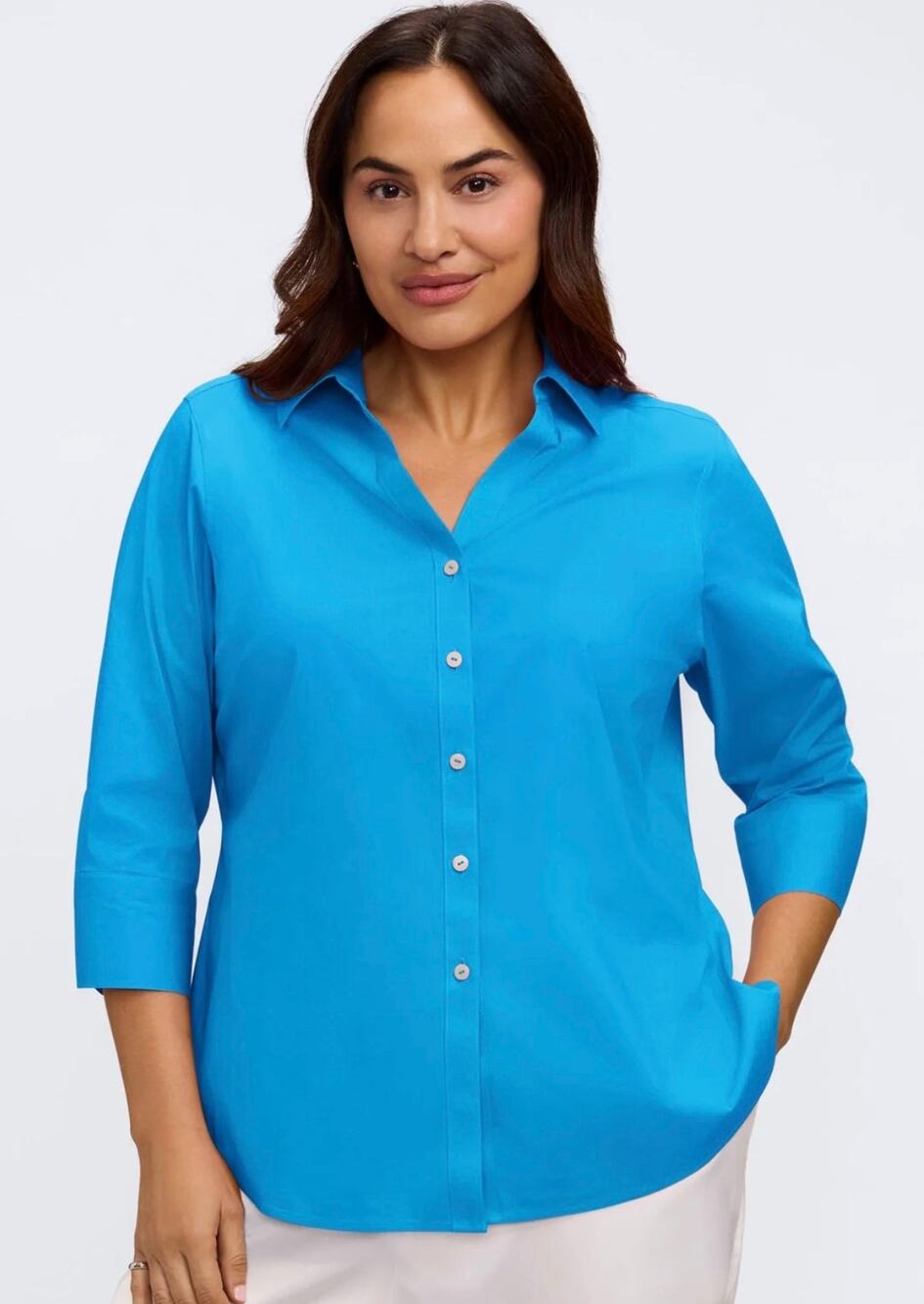 Foxcroft Womens 24W Plus Teal Blue Non Iron Shaped Fit 3/4 Sleeve Button Up Top